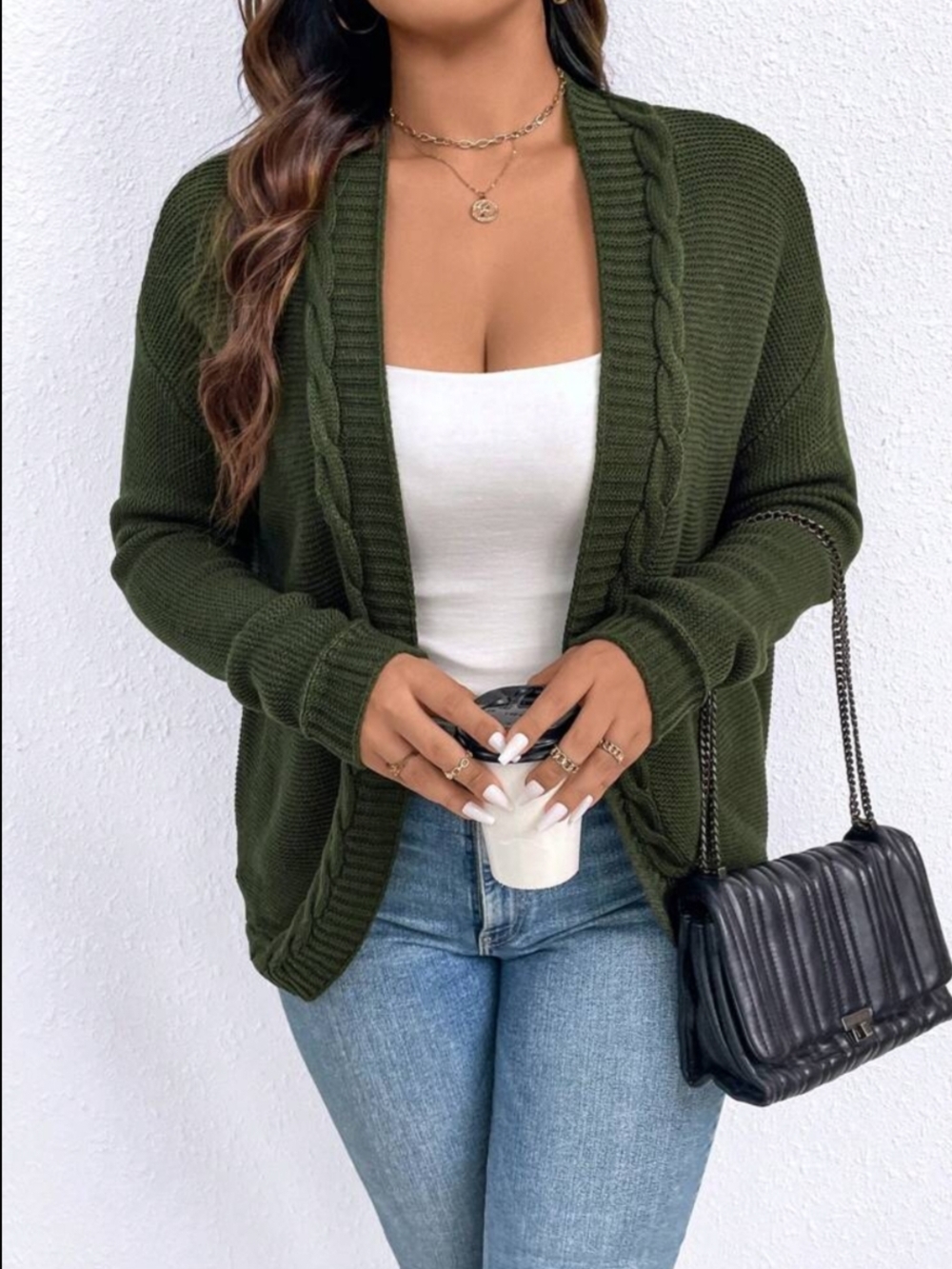 Olive Green Open-Front Cable Knit Women's Cardigan